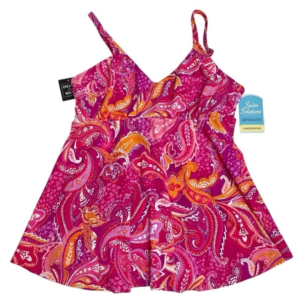 Swim Solutions Fuchsia Pink V-Neck Printed Underwire Tankini Swim Top 12 New